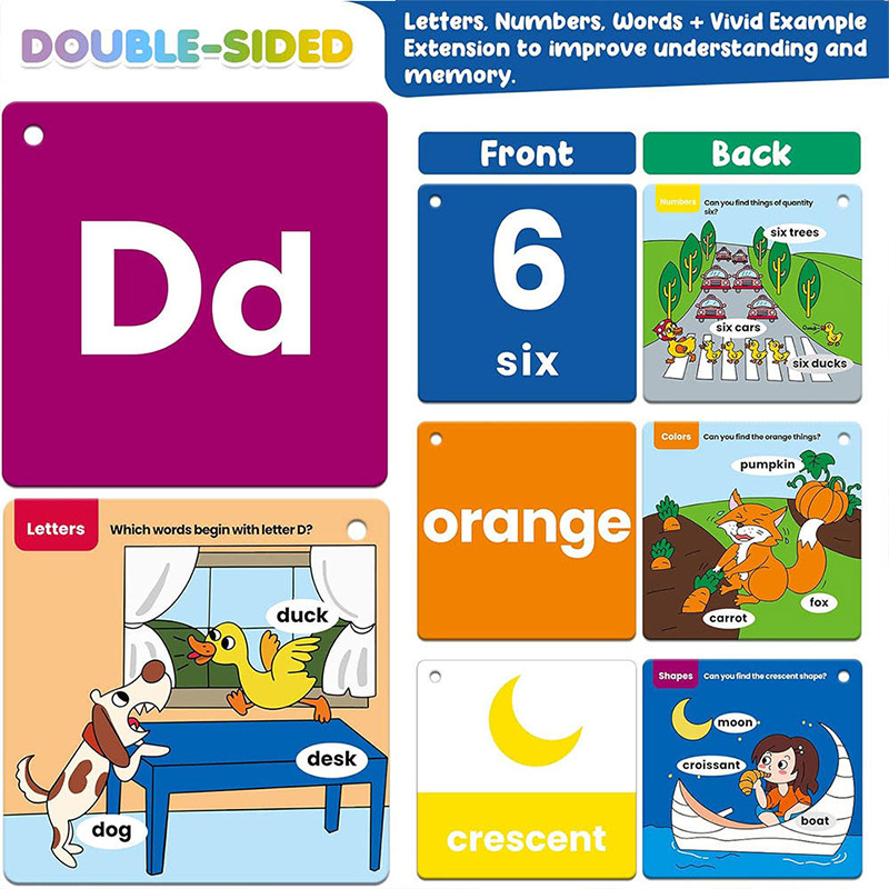 Tarjetas didácticas con números y palabras del alfabeto con ejemplos visuales para que los niños aprendan
