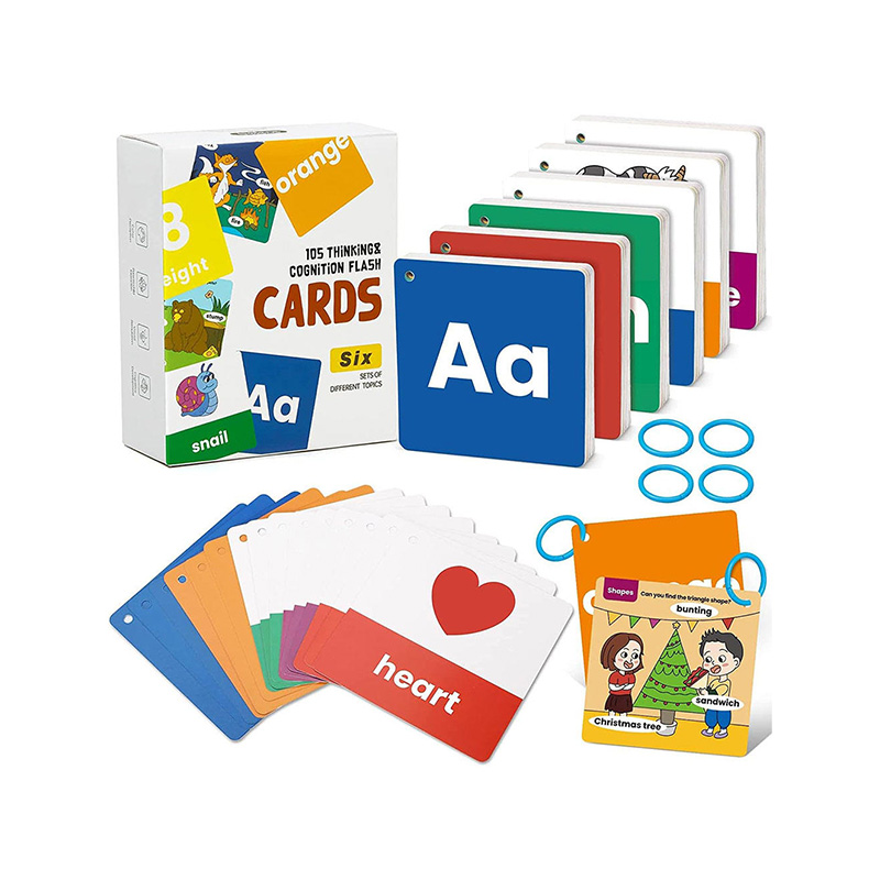 Tarjetas didácticas con números y palabras del alfabeto con ejemplos visuales para que los niños aprendan