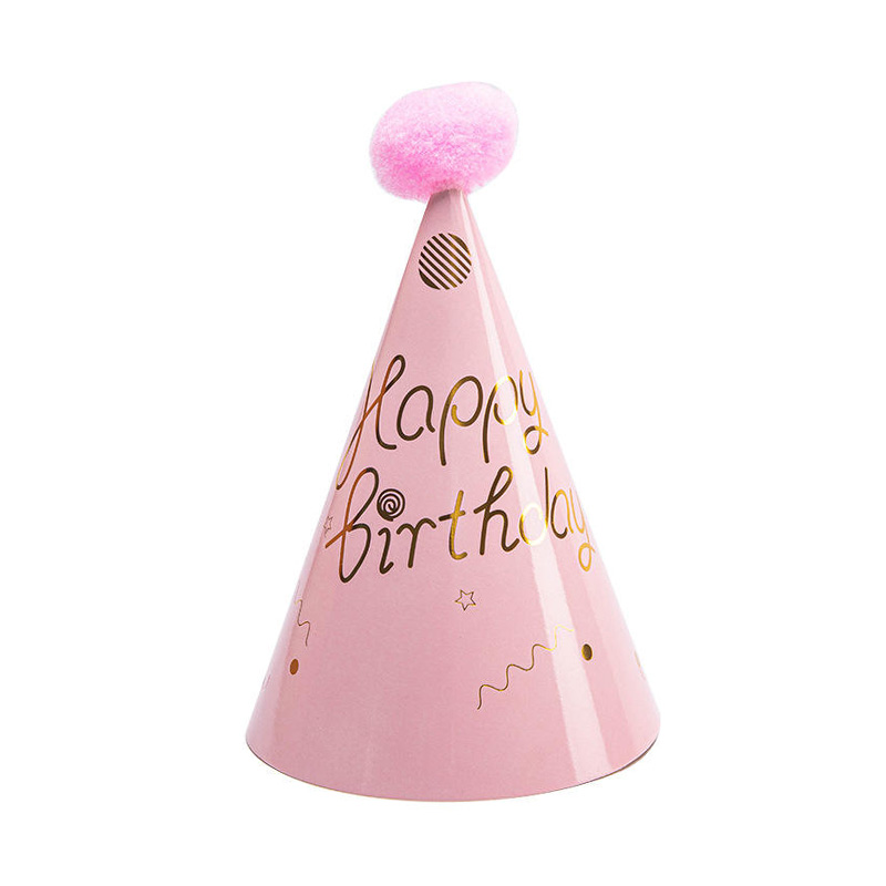 Gold Foil Pom Pom Birthday Cone Hats with Star and Stripe Designs