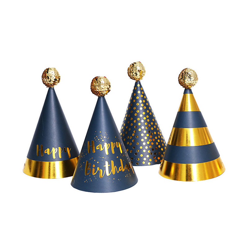 Gold Foil Luxury Birthday Cone Hats with Pink Pom Pom & Disco Ball Designs